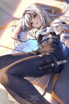 1girl animal_ears arm_up artist_name baton_(weapon) belt black_hairband black_pantyhose black_shorts blonde_hair blue_belt blue_capelet blush breasts capelet caution_tape character_name chest_harness commentary_request copyright_name dated dog_ears dog_girl dog_tail english_text eyelashes feet_out_of_frame floppy_ears gradient_hair green_eyes grey_hair grey_tail hair_spread_out hairband happy_birthday harness high-waist_shorts highres holster id_card knees_up kuro-kun_(nablack) light_particles long_hair looking_at_viewer looking_up lying multicolored_eyes multicolored_hair nijisanji on_back open_mouth pantyhose pantyhose_under_shorts quilted_capelet shioriha_ruri shioriha_ruri_(1st_costume) shirt shirt_tucked_in short_shorts short_sleeves shorts skindentation small_breasts solo tail teeth thigh_holster thigh_strap two-sided_capelet two-tone_eyes upper_teeth_only virtual_youtuber watermark weapon web_address white_capelet white_shirt yellow_eyes