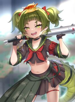 1girl absurdres animal animal_on_head armband bird black_choker black_gloves black_skirt blurry blurry_background bow choker comdost commentary crocodile_girl crocodilian_tail duck english_commentary fingerless_gloves gloves green_eyes green_hair green_skirt hair_bow highres holding holding_behind_neck looking_at_viewer midriff navel neckerchief nitya_nil on_head open_mouth over_shoulder phase_connect red_armband red_bow red_neckerchief shadow sharp_teeth shirt skirt solo spiked_bat tail teeth torn_clothes torn_shirt two-handed two_side_up virtual_youtuber weapon weapon_over_shoulder