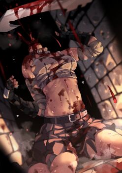 1girl absurdres bandages belt blood blood_spray breasts decapitation fingerless_gloves gloves guro highres huyunokure indoors medium_breasts original pleated_skirt sitting skirt solo textless_version wariza