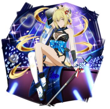 1girl aiz_wallenstein artist_request blonde_hair blush breasts dungeon_ni_deai_wo_motomeru_no_wa_machigatteiru_darou_ka full_body high_heels highres idol japanese_clothes long_hair medium_breasts microphone official_art solo sword_oratoria yellow_eyes