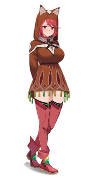 Rule 34 | 1girl, absurdres, animal hood, arms behind back, breasts, brown dress, closed mouth, commission, commissioner upload, disguised pyra (xenoblade), dress, earrings, full body, highres, hood, hood up, jewelry, large breasts, light blush, looking at viewer, namu (112namu), non-web source, pyra (xenoblade), red eyes, red hair, red shoes, red thighhighs, shadow, shoes, short hair, simple background, smile, solo, swept bangs, thighhighs, turtleneck, white background, xenoblade chronicles (series), xenoblade chronicles 2