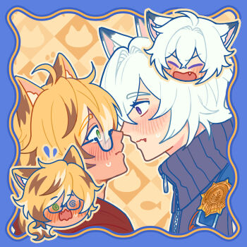 2boys ahoge animal_ears artist_self-insert bishounen blonde_hair blush cat_boy cat_ears chibi fang from_side glasses hazel2153 hazel_(hazel2153) height_difference highres looking_at_another male_focus mani_(rokyujuusan) multiple_boys oc_x_canon open_mouth seth_lowell upper_body white_hair yaoi zenless_zone_zero