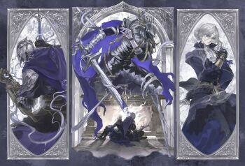 Rule 34 | 1girl, 2boys, armor, blue surcoat, border, cape, colored skin, duchess (elden ring), elden ring, elden ring nightreign, extra arms, eye mask, fireplace, full armor, gloves, glowing, glowing sword, glowing weapon, great rune (elden ring), greatsword, grey skin, hair bun, half eye mask, helmet, heolstor the nightlord, highres, holding, holding pocket watch, holding sword, holding weapon, limited palette, mask, multiple boys, multiple views, official alternate costume, ornate border, ornate clothes, pale skin, pocket watch, purple cape, ramiica404, scale armor, sitting, spiked helmet, sword, triple wielding, triptych (art), watch, weapon, winged helmet, wylder (elden ring)