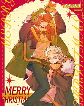 2boys :d ^_^ ahoge alternate_costume aotsuki_eito april_cc4099 black_gloves black_jacket black_pants black_streaks brown_coat carrying carrying_person christmas closed_eyes coat commentary dated english_commentary fur-trimmed_coat fur_trim glasses gloves green_veil grey_hair grin hair_ornament hairclip highres holding_ornament jacket jewelry long_sleeves male_focus merry_christmas multicolored_hair multiple_boys open_mouth pants red_hair ribbon ring short_hair smile star_(symbol) streaked_hair sumino_takumi sweater the_hundred_line_-last_defense_academy- two-tone_hair veil white_sweater yellow_ribbon