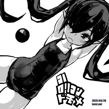 1girl armpits arms_behind_head arms_up backbeako_(torotei) backbeard blush commentary cowboy_shot dated dated_commentary dutch_angle frown gegege_no_kitarou greyscale hair_over_one_eye hair_ribbon kono_lolicon_domome long_hair looking_at_viewer monochrome one-piece_swimsuit one_eye_closed original paid_reward_available pointy_ears ribbon school_swimsuit simple_background solo stretching sweat swimsuit torotei translated twintails watermark web_address white_background