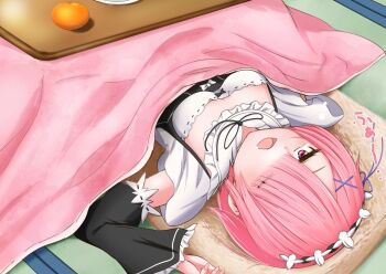 1girl 73nishinami24 breasts detached_sleeves hair_ornament hair_over_one_eye hair_ribbon highres kotatsu long_sleeves looking_at_viewer lying maid maid_headdress on_back one_eye_closed pink_eyes pink_hair ram_(re:zero) re:zero_kara_hajimeru_isekai_seikatsu ribbon short_hair small_breasts solo table under_kotatsu under_table x_hair_ornament