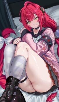 Rule 34 | 1girl, absurdres, ahoge, ass, black sailor collar, black shoes, black skirt, blush, bow, braid, cardigan, closed mouth, green eyes, hair bow, harutoyumaarts, highres, long hair, looking at viewer, low twin braids, pink cardigan, red hair, sailor collar, shoes, skirt, smile, socks, solo, thigh strap, twin braids, ukinami yuzuha, very long hair, white bow, white socks, zenless zone zero