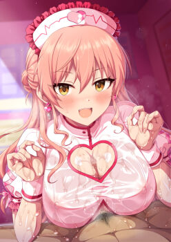 1boy 1girl blush breasts cleavage cleavage_cutout clothing_cutout cum dress earrings fingernails frilled_headwear frilled_sleeves frills hair_between_eyes hat heart heart_cutout heart_earrings hetero horosuke idolmaster idolmaster_cinderella_girls idolmaster_cinderella_girls_starlight_stage jewelry jougasaki_mika large_breasts long_hair looking_at_viewer nail_polish nipples nurse nurse_cap oil open_mouth paizuri penis pink_hair pink_ribbon ribbon see-through_clothes short_sleeves smile sweatdrop white_dress white_headwear yellow_eyes