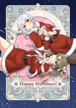 2girls black_pantyhose brown_eyes capelet commentary_request cowboy_shot dress fur-trimmed_capelet fur-trimmed_dress fur_trim grey_hair hand_on_own_chest highres jewelry kantai_collection long_hair looking_at_viewer multiple_girls official_alternate_costume orikoshi_shino pantyhose red_dress ring shoukaku_(christmas)_(kancolle) shoukaku_(kancolle) smile twintails watermark wedding_ring white_hair zuikaku_(christmas)_(kancolle) zuikaku_(kancolle)