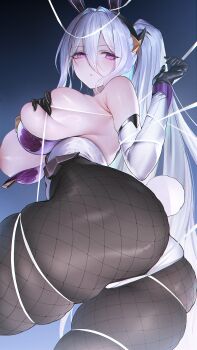 1girl absurdres animal_ears aqua_pupils areola_slip ass azur_lane bound breasts fake_animal_ears fake_tail fishnet_pantyhose fishnets from_below from_side gloves hair_between_eyes hand_on_own_chest hand_up highleg highleg_leotard highres kearsarge_(all_night_charge)_(azur_lane) kearsarge_(azur_lane) leotard long_hair looking_at_viewer looking_back multicolored_gloves multicolored_leotard official_alternate_costume out-of-frame_censoring pantyhose persimmonszzz playboy_bunny purple_leotard sideboob skindentation strapless strapless_leotard string tail thong_leotard tied_up_(nonsexual) two-tone_gloves two-tone_leotard undersized_breast_cup white_hair white_leotard