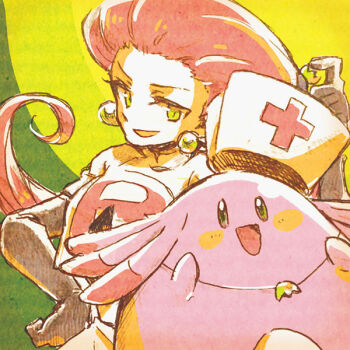 1girl :d black_gloves blush blush_stickers brooklet chansey commentary_request earrings elbow_gloves eyelashes gen_1_pokemon gloves green_eyes hand_on_own_hip hat holding jessie_(pokemon) jewelry long_hair necklace nintendo nurse_cap open_mouth pink_hair pokemon pokemon_(anime) pokemon_(classic_anime) pokemon_(creature) short_sleeves smile sphere_earrings team_rocket team_rocket_uniform white_hat