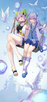 2girls :d absurdres ahoge bird black_shirt blue_eyes blue_shirt blue_shorts blue_sky breasts closed_mouth coat denim denim_shorts dove full_body green_jacket highres honkai_(series) honkai_impact_3rd hood hood_up id_card jacket kiana_kaslana kiana_kaslana_(knight_moonbeam) kiana_kaslana_(lemon_soda) lanyard large_breasts mihoyo miyouji multiple_girls on_swing open_mouth sandals shirt shorts sky smile summer_uniform swing toes white_coat white_hair yichuanxue zipper_pull_tab