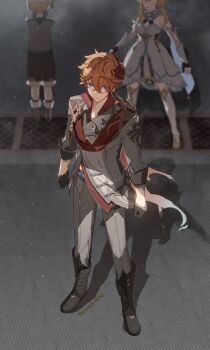 1girl 2boys black_boots blonde_hair blue_eyes boots cape chinese_commentary closed_mouth commentary_request detached_sleeves dress earrings faceless faceless_female full_body genshin_impact gloves grey_jacket grey_pants hair_between_eyes highres jacket jewelry lofter_username lumine_(genshin_impact) male_focus mask mask_on_head multiple_boys orange_hair pants red_mask red_scarf scarf shadow short_hair single_earring standing tartaglia_(genshin_impact) teucer_(genshin_impact) thigh_boots white_dress white_sleeves yiyiyiyi670