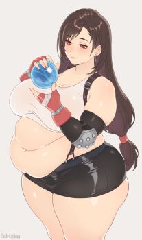 Rule 34 | 1girl, belka dog, blush, breasts, cleavage, detached sleeves, earrings, fat, fat woman, female focus, final fantasy, final fantasy vii, fingerless gloves, gloves, huge breasts, jewelry, long hair, materia, navel, obese, red eyes, skindentation, skirt, solo, suspender skirt, suspenders, thick thighs, thighs, tifa lockhart