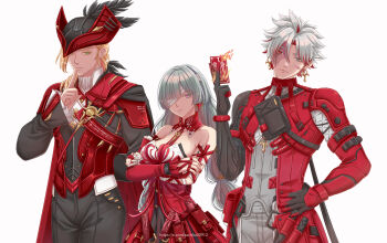 1girl 2boys arm_behind_back bandage_over_one_eye bandaged_arm bandages bare_shoulders black_pants black_skirt blonde_hair braid breasts card closed_mouth coat cristoforo_(wuthering_waves) cross cross_earrings detached_sleeves dress earrings finger_to_mouth green_eyes grey_eyes grey_hair halter_dress halterneck hand_on_own_hip hand_up hat highres holding holding_card index_finger_raised jewelry long_hair long_sleeves looking_at_viewer low_twin_braids medium_breasts multiple_boys pants red_coat red_dress red_hair red_pupils sartika3091 shushing simple_background single_detached_sleeve skirt smile tricorne twin_braids white_background wuthering_waves