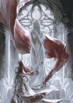 1boy absurdres angel_wings arch arched_window architecture argenti_(honkai:_star_rail) armor cathedral church coattails commentary english_commentary fabric feathered_wings floating_hair flower from_behind full_armor gothic_architecture highres holding holding_flower honkai:_star_rail honkai_(series) idrila_(honkai:_star_rail) knight long_hair looking_back male_focus multiple_others no_eyes red_flower red_hair red_rose rose ssanagi00 standing statue veil white_veil white_wings window wings wrinkled_fabric