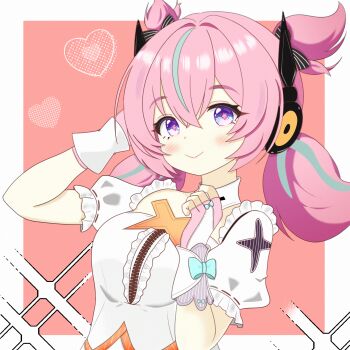 1girl aqua_streaks aria_(zenless_zone_zero) black_bow blue_eyes blush bow center_frills commentary_request crossed_bangs dress fingerless_gloves frills gloves hair_bow highres looking_at_viewer mechanical_ears multicolored_hair pink_hair smile solo sparkling_eyes streaked_hair upper_body user_kkkd5375 white_dress zenless_zone_zero