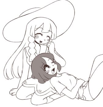 2girls closed_eyes dress fang greyscale hat highres legs_up lillie_(pokemon) long_hair looking_at_another lying monochrome multiple_girls nintendo on_back one_eye_closed open_mouth pokemon pokemon_sm selene_(pokemon) shirt short_hair short_sleeves simple_background sitting sleeveless sleeveless_dress sofo_soup t-shirt wariza yuri