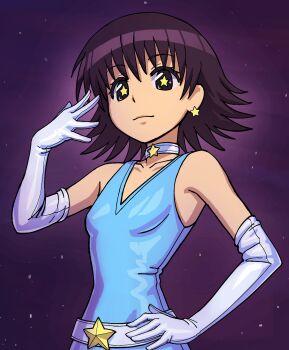 1girl alternate_costume azumanga_daiou bare_shoulders belt black_eyes black_hair blue_dress breasts choker collarbone commentary dress earrings elbow_gloves english_commentary gloves hand_on_own_hip highres jewelry loberbutcher looking_at_viewer magical_girl medium_hair sky sleeveless sleeveless_dress solo star-shaped_pupils star_(sky) star_(symbol) star_choker star_earrings starry_sky symbol-shaped_pupils takino_tomo white_belt white_choker white_gloves