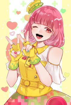 1girl animification belt belt_buckle blue_nails blunt_bangs buckle commentary double_v fingerless_gloves fingernails gloves green_nails hands_up heart highres jewelry kamen_rider kamen_rider_ex-aid_(series) mittada_numa4 mole mole_under_eye multicolored_gloves nail_polish one_eye_closed open_mouth pink_eyes pink_hair pink_nails poppi_pipopapo ring solo teeth tongue two-tone_gloves two-tone_headwear upper_teeth_only v yellow_belt yellow_gloves