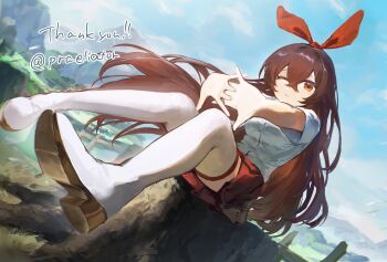 1girl absurdres amber_(genshin_impact) blue_sky boots brown_hair commentary_request commission english_text genshin_impact highres long_hair looking_at_viewer mountain on_tree_stump one_eye_closed orange_eyes outdoors pixiv_commission red_skirt robizou_(robizou285) shirt short_sleeves sitting skirt sky solo stretching thigh_boots tree_stump white_boots white_shirt