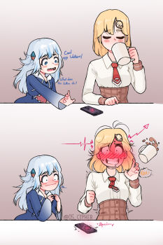 2girls absurdres animal_costume animal_hood blonde_hair blue_eyes blue_hair blue_hoodie blunt_bangs blush breasts cellphone coffee coffee_mug controller cup cypher_05 detective english_text full-face_blush gawr_gura hair_ornament highres hololive hololive_english hood hoodie implied_vibrator long_sleeves medium_breasts medium_hair mug multicolored_hair multiple_girls phone remote_control remote_control_vibrator sex_toy shark_costume shark_hair_ornament shark_hood sharp_teeth silver_hair smartphone streaked_hair teeth trembling two_side_up vibrator virtual_youtuber watson_amelia wide_sleeves wireless_sex_toy_controller