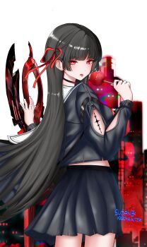 1girl absurdres arm_cutout artist_name black_choker black_hair black_shirt black_skirt bright_pupils candy_apple chisa_(wuthering_waves) choker clothing_cutout commentary cowboy_shot english_commentary food hair_ribbon hand_to_weapon highres holding holding_candy_apple holding_food karma_alter_d long_hair looking_at_viewer red_eyes red_ribbon ribbon sailor_collar shirt skirt solo tacet_mark_(wuthering_waves) tongue tongue_out very_long_hair white_pupils white_sailor_collar wuthering_waves