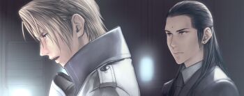 2boys bindi black_hair black_jacket black_necktie blonde_hair blue_eyes blurry blurry_background brown_eyes closed_mouth coat collared_shirt earrings final_fantasy final_fantasy_vii final_fantasy_vii_remake hair_pulled_back jacket jewelry looking_at_another male_focus multiple_boys necktie parted_bangs parted_lips rufus_shinra shirt short_hair stud_earrings t3_(19841230) talking tseng white_coat white_shirt