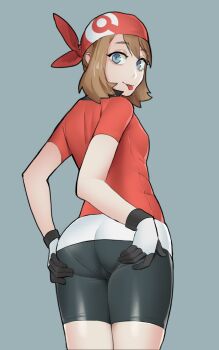 1girl bandana bike_shorts black_shorts breasts brown_hair cameltoe closed_mouth commentary cropped_legs english_commentary gloves grabbing_own_ass green_background green_eyes hat highres looking_at_another looking_at_viewer looking_back may_(pokemon) medium_breasts nintendo panties_under_bike_shorts pantylines pokemon pokemon_rse red_bandana red_hat red_shirt shirt short_sleeves shorts sideboob simple_background smile solo standing tenguro tongue tongue_out white_gloves