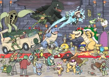 banjo-kazooie ben_10 blastoise blue_hair book bowser broken_wall cage castle cecil_turtle character_request commentary copyright_request crossover donatello_(tmnt) dragon_ball driving english_commentary fangs filburt_(rocko&#039;s_modern_life) fire franklin_(franklin) franklin_(tv_series) gamera gamera_(series) gen_1_pokemon gen_3_pokemon gen_4_pokemon glasses green_hair gun hat holding holding_book holding_gun holding_rod holding_sword holding_wand holding_weapon iggy_koopa in_cage junior_clown_car kaiju katana koopalings kung_fu_panda l0lm4tt larry_koopa lemmy_koopa leonardo_(tmnt) looking_at_another looney_tunes ludwig_von_koopa mario_(series) michelangelo_(tmnt) morton_koopa_jr. motor_vehicle multiple_crossover nintendo open_book open_mouth pokemon pokemon_(creature) raphael_(tmnt) reading rocko&#039;s_modern_life rod roy_koopa ruins sharp_teeth species_connection squirtle squirtle_squad steering_wheel sunglasses sword teenage_mutant_ninja_turtles teeth tiptup_(banjo-kazooie) torkoal turtle turtle_shell turtle_van turtwig umigame_(dragon_ball) van wand wartortle water weapon wendy_o._koopa