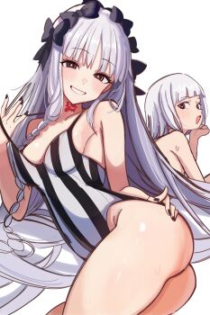 Rule 34 | 0nineo9, 1boy, 1girl, absurdres, bare shoulders, black bow, black nails, blush, bow, breasts, cleavage, commentary, english commentary, fate/strange fake, fate (series), francesca prelati (fate), francois prelati (fate), hair bow, highres, long hair, looking at viewer, multiple hair bows, one-piece swimsuit, ringed eyes, smile, striped clothes, striped one-piece swimsuit, swimsuit, thighs, white hair