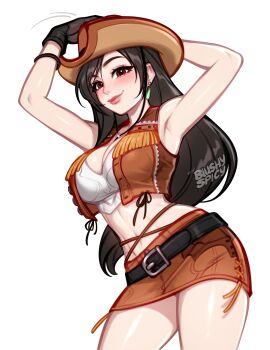 1girl armpits artist_name bare_shoulders belt black_belt black_gloves blush blushyspicy breasts brown_eyes brown_hat brown_skirt brown_vest cleavage cowboy_hat cowboy_shot crop_top earrings final_fantasy final_fantasy_vii final_fantasy_vii_remake fringe_trim gloves hand_on_headwear hat highres jewelry large_breasts light_smile midriff miniskirt navel skirt solo tifa_lockhart tifa_lockhart_(cowgirl) vest white_background