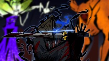 1boy 2others absurdres bamboo-hatted_kim black_coat blood blood_on_clothes bloody_weapon brazen_bull_(project_moon) character_name coat commentary ebony_queen's_apple english_commentary glint glowing glowing_eyes hat highres holding holding_sword holding_weapon jingasa katana korbeandgoober limbus_company male_focus multiple_others necktie project_moon red_necktie sword weapon