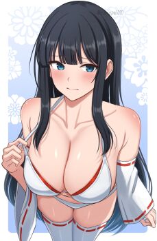 1girl bare_shoulders black_hair blue_background blue_eyes blunt_bangs blush breasts cleavage closed_mouth collarbone commentary_request detached_sleeves embarrassed floral_background highres ikaruga_(senran_kagura) large_breasts long_hair looking_at_viewer navel senran_kagura senran_kagura_burst senran_kagura_burst_re:newal senran_kagura_estival_versus senran_kagura_new_link senran_kagura_shinovi_versus sidelocks solo standing surippa1010 thighhighs white_background white_thighhighs