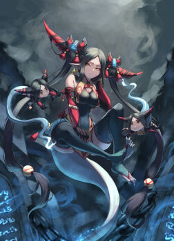 3girls bare_shoulders breasts closed_mouth commentary_request dragapult dreepy earrings eyeshadow gen_8_pokemon highres horns jewelry jojobirdz long_hair makeup mini_person minigirl multiple_girls nintendo parted_bangs personification pointy_ears pokemon red_eyeshadow runes sidelocks smoke tail thighhighs toes twintails very_long_hair yellow_eyes