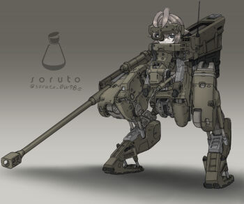 1girl armor artillery brown_hair cannon commentary_request full_body gradient_background grey_eyes head-mounted_display highres joints looking_at_viewer mecha_musume original piston robot_joints short_hair solo soruto_0w98e standing