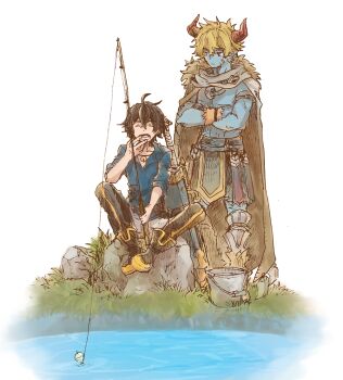 2boys ahoge aldo_(another_eden) another_eden armlet armored_boots bell belt black_belt black_boots black_hair black_pants black_skirt blonde_hair blue_shirt blue_skin boots border brown_cape bucket cape closed_eyes closed_mouth colored_skin commentary_request crossed_arms crossed_bangs demon_boy demon_horns double-parted_bangs facial_mark fading_border fishing fishing_line fishing_rod full_body fur-trimmed_boots fur-trimmed_cape fur_trim grass guildna_(another_eden) hair_between_eyes hand_to_own_mouth hand_up hatching_(texture) holding holding_fishing_rod horns jewelry jingle_bell knees_apart_feet_together linear_hatching long_pointy_ears looking_at_another looking_down lower_teeth_only male_focus michibata_65 multiple_boys necklace no_shirt on_rock open_mouth outdoors pants pendant pointy_ears red_horns scabbard sheath sheathed shirt short_hair simple_background sitting skirt sleeves_rolled_up standing sword teeth three-quarter_sleeves toned toned_male v-neck water weapon white_background wrist_cuffs yawning