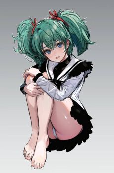 1girl :o barefoot black_skirt blue_eyes char's_counterattack commentary_request feet full_body gradient_background grey_background grey_hair gundam highres huo_ji_wu knees_to_chest legs_together looking_at_viewer oekaki open_mouth panties pantyshot quess_paraya shirt short_twintails sketch skirt solo toes twintails underwear upskirt white_panties white_shirt