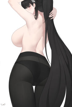 1girl arms_up artist_name ass black_hair black_panties blue_archive breasts bright_pupils commentary from_behind hair_between_eyes hair_ornament hairclip highres huge_breasts korean_commentary large_breasts long_hair looking_back nape panties panties_under_pantyhose pantyhose ponytail profile red_eyes rio_(blue_archive) simple_background solo thigh_gap tomid topless_female underwear underwear_only very_long_hair white_background white_pupils