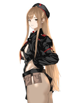 1girl absurdres ass belt belt_pouch black_belt black_hat black_jacket blonde_hair brown_eyes commentary_request from_side hat highres jacket long_hair long_sleeves looking_at_viewer looking_to_the_side open_clothes open_jacket original pouch simple_background solo standing very_long_hair yykuaixian