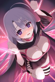 1girl @_@ ahoge asymmetrical_legwear ayachi_nene belt belt_bra belt_collar black_cape black_skirt blush breasts cape chain chinoha_usagi cleavage clenched_hands collar commentary detached_sleeves embarrassed eyelashes eyes_visible_through_hair from_above full_body furrowed_brow grey_hair hair_between_eyes hands_up highres huge_ahoge jewelry large_breasts long_hair long_sleeves looking_at_viewer looking_up miniskirt mismatched_legwear necklace nose_blush pink_background pink_belt pleated_skirt purple_eyes restrained sanoba_witch simple_background single_thighhigh skirt solo straight_hair striped_clothes striped_thighhighs sweat tearing_up thighhighs two-sided_cape two-sided_fabric wide_sleeves