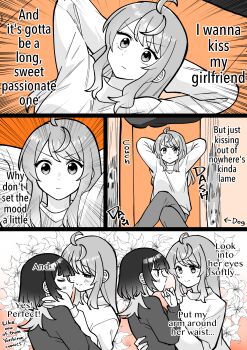 Rule 34 | 2girls, absurdres, blush, closed mouth, commentary, english commentary, english text, flower, greyscale with colored background, hand on another's waist, highres, hyaluron &amp; daruma, imminent kiss, koharu and minato, koharu suzumura, lily (flower), long hair, minato matsuki, multiple girls, pants, smile, sweater, wolf cut, yuri