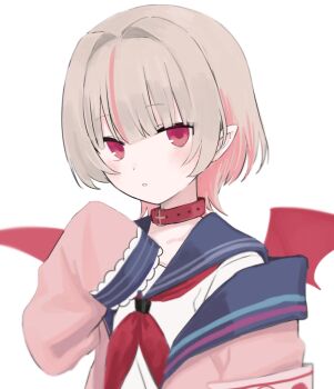 1girl :o bag belt_collar blue_sailor_collar blunt_bangs blush collar colored_inner_hair demon_wings grey_hair hair_intakes hand_up handbag jacket lolowv looking_at_viewer makaino_ririmu makaino_ririmu_(4th_costume) multicolored_hair neckerchief nijisanji off_shoulder open_clothes open_jacket parted_lips pink_hair pink_jacket pink_streaks pointy_ears red_bag red_collar red_eyes red_neckerchief red_wings sailor_collar school_uniform serafuku shirt short_hair shoulder_bag sidelocks simple_background sleeves_past_fingers sleeves_past_wrists solo standing streaked_hair two-tone_hair upper_body virtual_youtuber white_background white_shirt wings wolf_cut