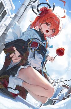 1girl ahoge alternate_costume alternate_hairstyle black_nails blue_archive commentary fang hair_between_eyes hair_ornament halo highres holding japanese_clothes kimono looking_at_viewer neru_(blue_archive) obi offering_hand open_mouth orange_hair outdoors red_sandals rosu_1109 sandals sash short_hair socks solo squatting tabi v-shaped_eyebrows white_kimono white_socks