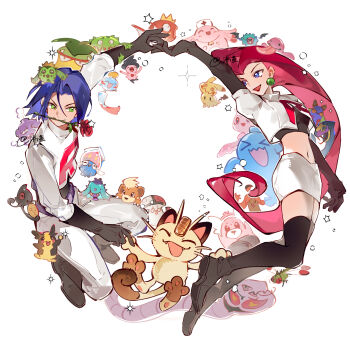 1boy 1girl absurdres amoonguss arbok black_boots black_gloves blue_eyes blue_hair boots cacnea carnivine chansey chimecho chinese_commentary circle_formation commentary_request crop_top cropped_shirt dustox earrings fangs fei_yu flower flower_in_mouth frillish frillish_(female) gen_1_pokemon gen_2_pokemon gen_3_pokemon gen_4_pokemon gen_5_pokemon gen_6_pokemon gen_7_pokemon gen_8_pokemon gloves gourgeist grabbing_another's_leg green_eyes growlithe hand_grab highres if_happiness_is_a_circle_(meme) inkay james_(pokemon) jessie_(pokemon) jewelry koffing letter_print lickitung long_hair looking_at_another magikarp mareanie meme meowth midriff mime_jr. mimikyu miniskirt morpeko morpeko_(full) navel nintendo open_mouth pencil_skirt pokemon pokemon_(anime) pokemon_(creature) print_shirt red_flower red_hair red_rose rose seviper shirt short_hair signature simple_background skirt smile sparkle stomach team_rocket team_rocket_uniform thigh_boots very_long_hair victreebel white_background white_shirt white_skirt wobbuffet woobat yamask yanmega