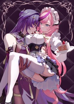 2girls absurdres alternate_costume bare_shoulders black_gloves black_horns black_panties black_pantyhose blue_eyes breasts cake cake_slice carrying closed_mouth commentary dress eating elysia_(honkai_impact) elysia_(miss_pink)_(honkai_impact) elysia_(miss_pink_elf)_(honkai_impact) enmaided eye_contact food food_on_body food_on_breasts gloves hashtag-only_commentary highres honkai_(series) honkai_impact_3rd horns large_breasts long_hair looking_at_another maid maid_headdress multiple_girls official_alternate_costume panties pantyhose pink_hair pink_pupils pointy_ears princess_carry purple_dress purple_eyes purple_hair purple_horns raiden_mei raiden_mei_(herrscher_of_thunder) raiden_mei_(rainy_springtide) roena sidelocks smile thighhighs thighs underwear very_long_hair white_thighhighs yuri