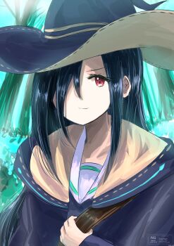 1girl :3 atnamiret black_hair blue_robe cloak closed_mouth commentary_request forest hair_over_one_eye hat heaven_burns_red highres holding long_bangs long_hair looking_at_viewer nature one_eye_covered outdoors red_eyes robe school_uniform serafuku smile solo tenne_miko tree upper_body witch witch_hat