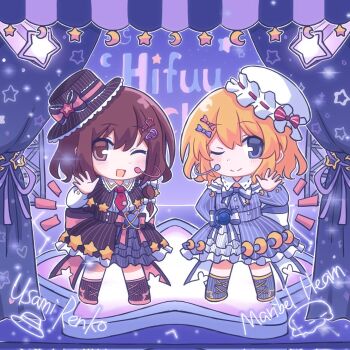 2girls :d alternate_costume alternate_headwear arm_behind_back back_bow bare_shoulders black_bow black_hat black_shawl blonde_hair blue_bow blue_dress blue_eyes blush boots bow brown_eyes brown_hair buttons character_name chibi chibi_only closed_mouth clothing_request collared_shirt commentary contrast_collar crescent crescent_hair_ornament curtains dress dress_shirt frilled_dress frilled_hat frilled_shirt_collar frilled_skirt frills hair_bow hair_ornament hairpin hat hat_bow hat_ornament highres idol idol_clothes large_bow looking_at_viewer maribel_hearn medium_hair microphone multiple_girls necktie one_eye_closed open_mouth red_bow red_necktie ribbon-trimmed_collar ribbon-trimmed_hat ribbon_trim shawl shirt silverrain skirt smile standing star_(symbol) star_hair_ornament star_hat_ornament touhou two-tone_bow usami_renko waving white_bow white_hat white_shirt