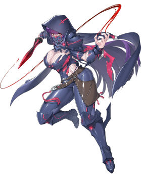 Rule 34 | 1girl, armor, black mask, borrow, breasts, cleavage, fighting stance, fishnets, full body, gauntlets, highres, holding, holding sword, holding weapon, hood, hood up, large breasts, long hair, looking at viewer, mask, mouth mask, official art, purple hair, red eyes, second-party source, shindol, shoulder armor, solo, sword, taimanin (series), taimanin rpgx, taimanin suit, tsubaki (taimanin asagi), weapon, white background