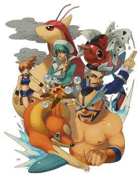 00s 1990s_(style) 1girl 3boys aqua_hair armband bad_id bad_pixiv_id bikini blue_bikini bubble cloud crasher_wake enu_(spinal) facial_hair fangs floatzel gen_1_pokemon gen_3_pokemon gen_4_pokemon gym_leader hat highres juan_(pokemon) mask milotic misty_(pokemon) multicolored_hair multiple_boys mustache nintendo open_mouth orange_hair pokemon pokemon_(creature) pokemon_frlg pokemon_rgby pokemon_rse retro_artstyle seaking side_ponytail smile sports_bikini staryu swimsuit topless_male two-tone_hair wallace_(pokemon) water wristband